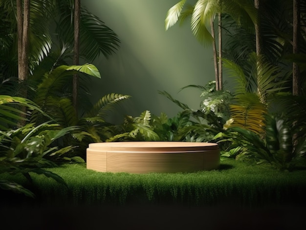 Natural wood podium product display with tropical leaves background generative ai