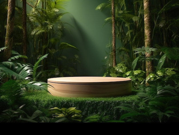 Natural wood podium product display with tropical leaves background generative ai