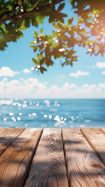 Natural wood table surface with shiny sea water