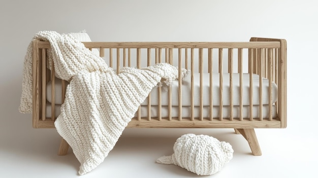 Photo natural wooden baby crib with cozy knit blanket generative ai