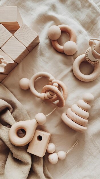 Photo natural wooden baby toys flat lay top view