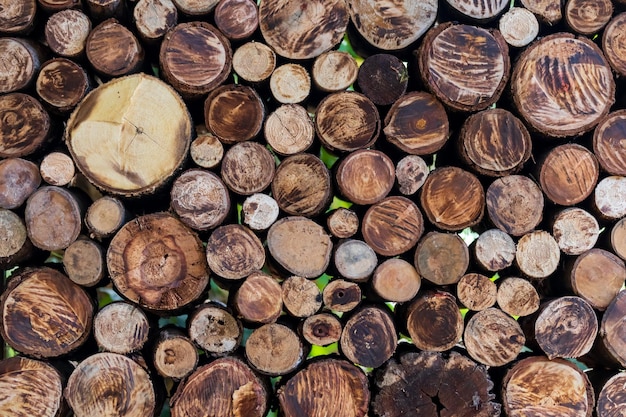 Natural wooden background closeup of chopped firewood Firewood stacked and prepared for winter Pile of wood logs