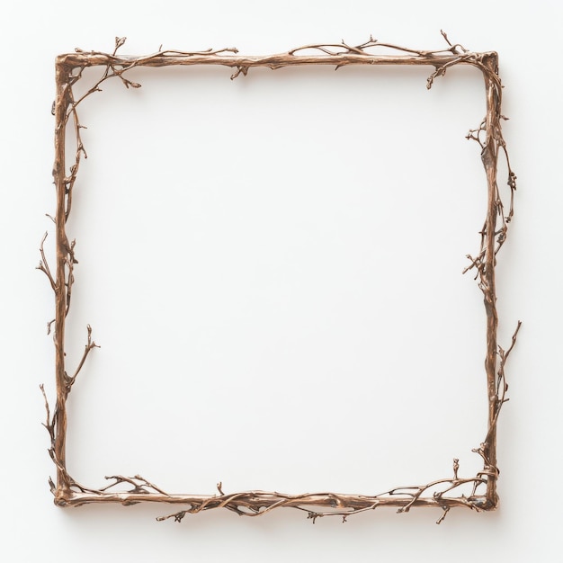 Natural wooden branch frame with intricate design on plain white background