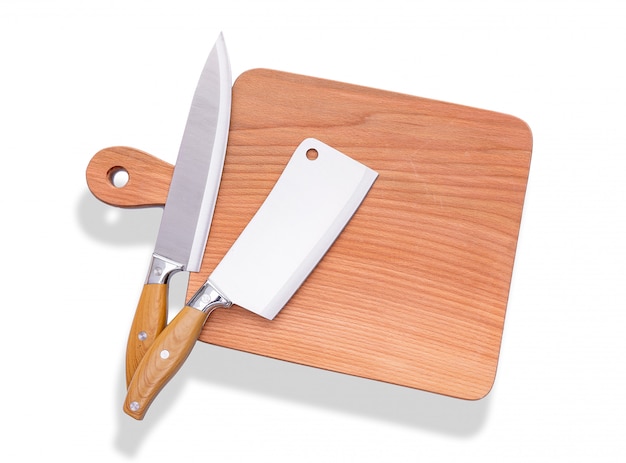 Natural wooden cutting board with knives