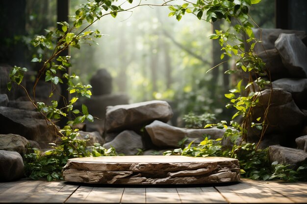 Natural wooden podium for product display in front of the forest