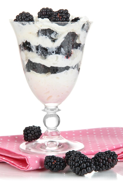 Natural yogurt with fresh blackberries isolated on white