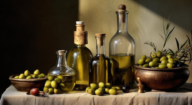 Naturally pure golden olive oil from olives and black olives fresh natural healthy food