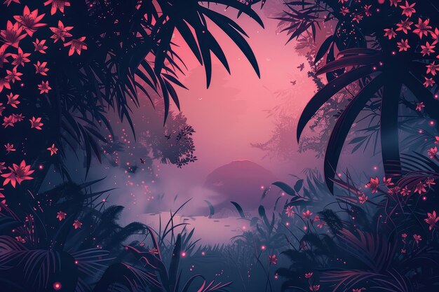 Nature anime illustration landscape background with particles light