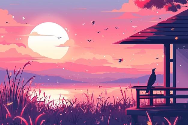 Photo nature anime illustration landscape background with particles light