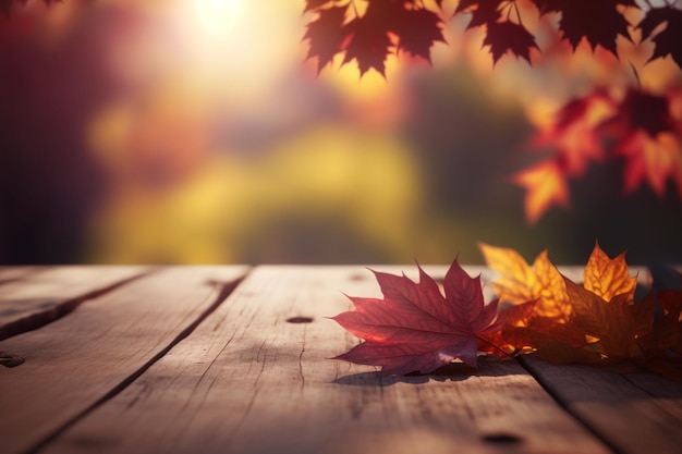 Nature autumn background wooden planks and leaves Generative Ai