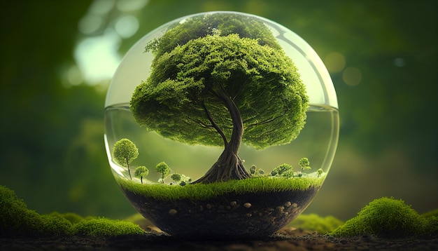 Nature background lush green concept environmental earth day tree growth on glass globe Generative AI