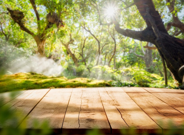 Nature background Wood table for food and product display over blur green tree garden