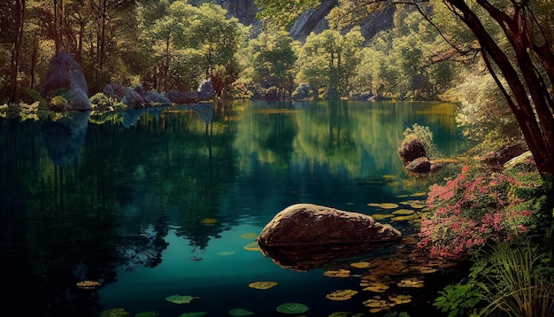 Nature Beauty Autumn Trees Reflected in Tranquil Pond generative AI