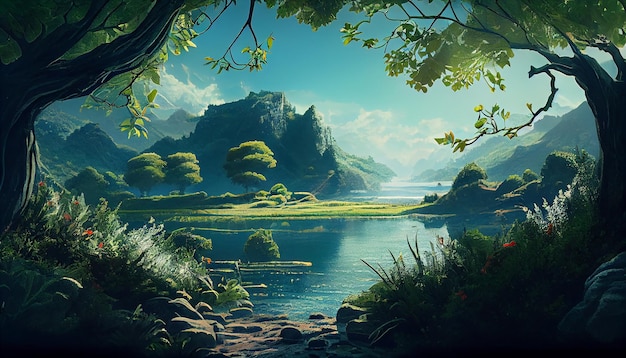 Nature beauty in landscape illustration forest mountain water generative AI