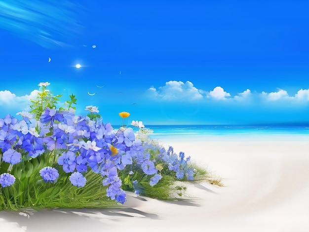 Nature beauty in summer blue sky sandy beach blooming flowers