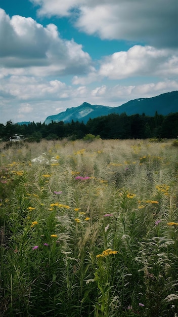 Nature beauty in summer meadow with wildflowers