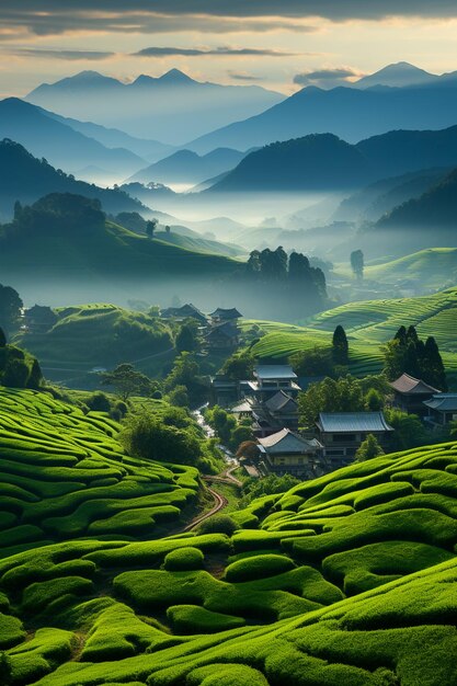 Nature Beauty A Sunrise over a Misty Valley with Terraced Fields