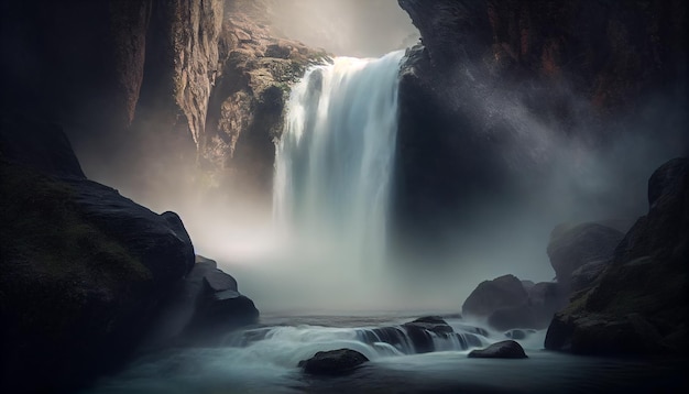 Nature beauty in water rock cliff and forest generated by AI