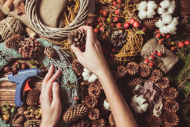 Nature components wreath - preparation for making natural eco decorations with lace