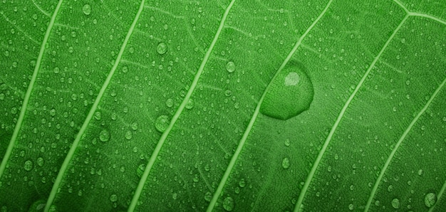 Nature Concept. Closeup of Green Leaf with many Droplet. Freshness by Water Drops. Environmental Care and Sustainable Resources. Natural Green Surface Texture Background