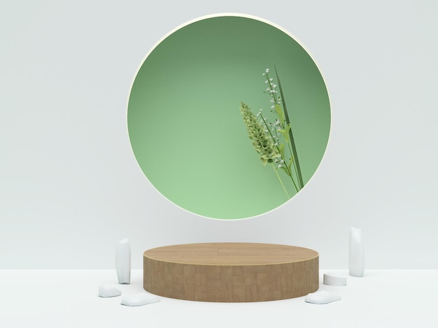 Nature concept mock up Wooden product podium with circle and leaves in green circle window on white background