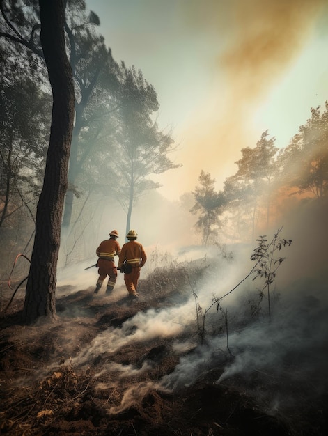 Nature disaster of forest fire Firefighters working with environmental disaster Generative AI