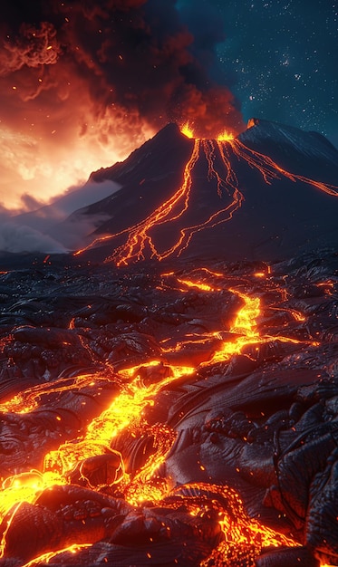 nature disaster view of volcano mountain eruption with smoke and larva ai generated