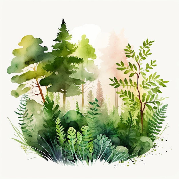 Nature drawing green watercolor white background Generative AI