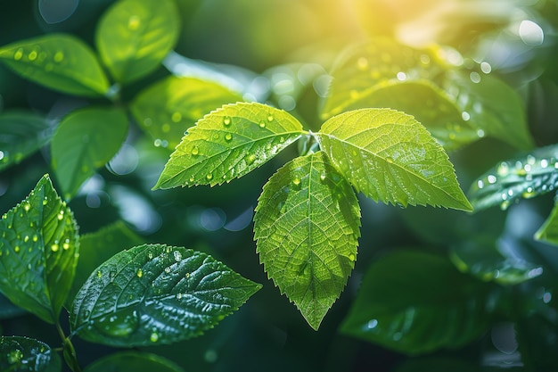 nature green rain leaves plant closeup water spring fresh garden dew background summer environment wet texture growth