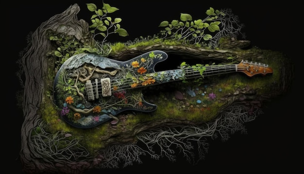 Nature Guitar on black ground image generative AI