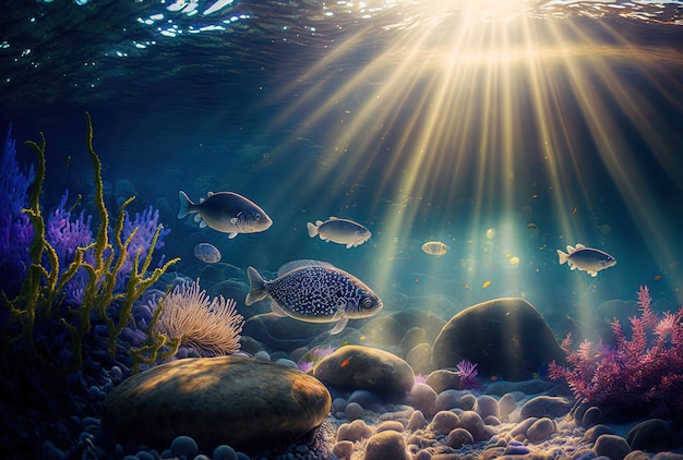 Nature image with a sea life backdrop underwater pebbles and sunrays