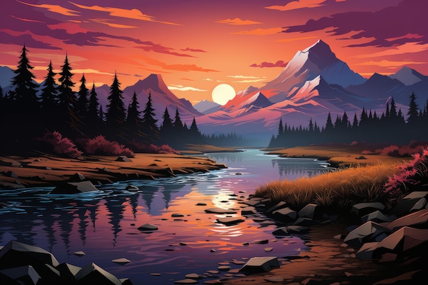 Nature inspired Scenes themed graphic Illustrate a calm mountain lake at dawn