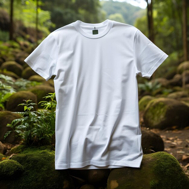 Photo nature inspired white t shirt mockup with earth and forest design