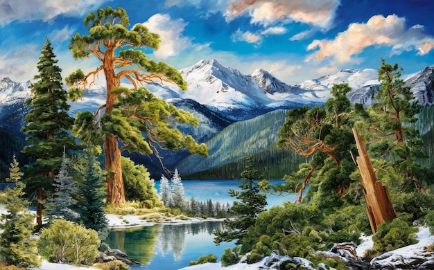 Nature landscape collage art trees lake mountains clouds blue sky