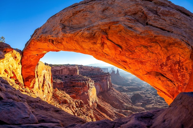 Nature landscape of Mesa Arch, in Canyonlands National Park, Utah, USA at sunrise