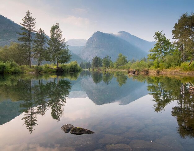 Photo nature landscape mountains and trees reflected in the river water