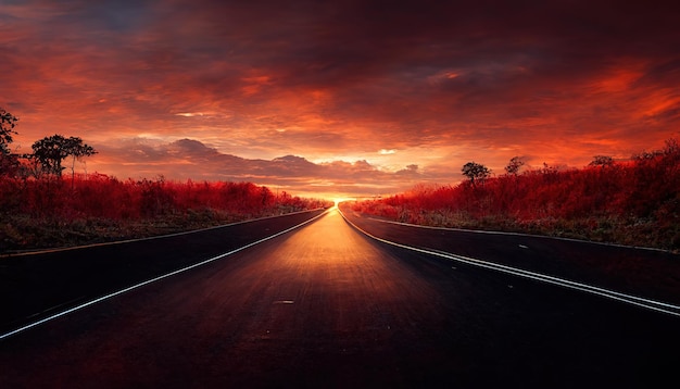 Nature landscape of sunset light above asphalt road