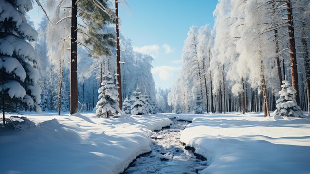 Nature landscape of trees forest with garlands and snow