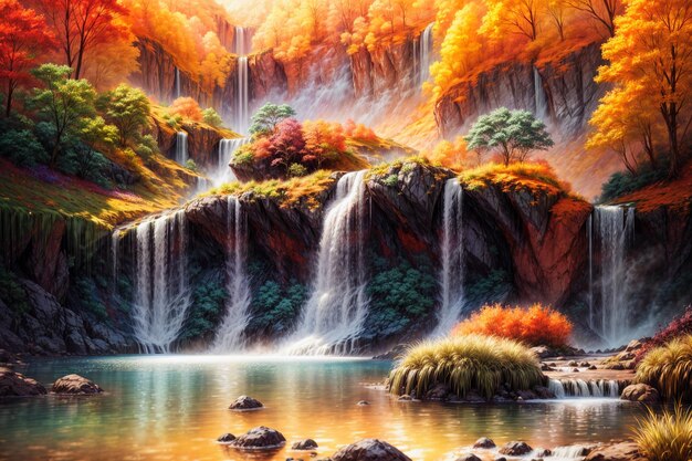 Nature landscape waterfall background painting Generative AI illustrations