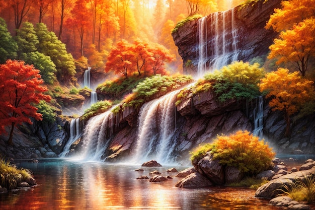 Nature landscape waterfall background painting Generative AI illustrations