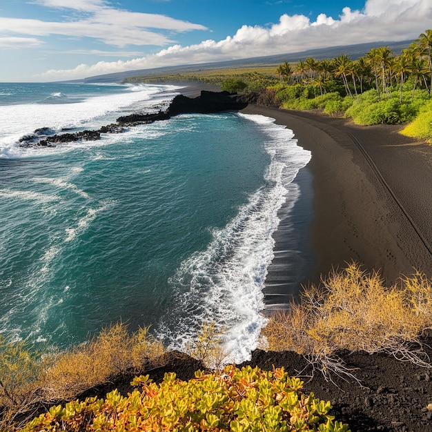 Nature landscape with black sand on beach