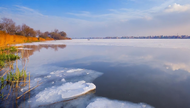 Photo nature landscape with a floating ice on the yamuna lake