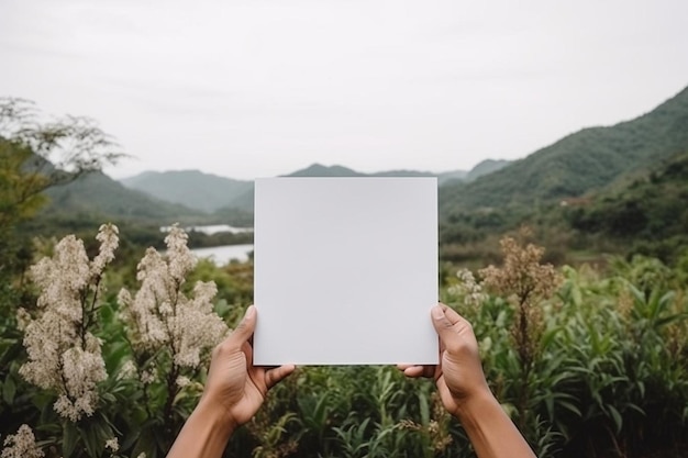 Nature landscape with hand holding frame