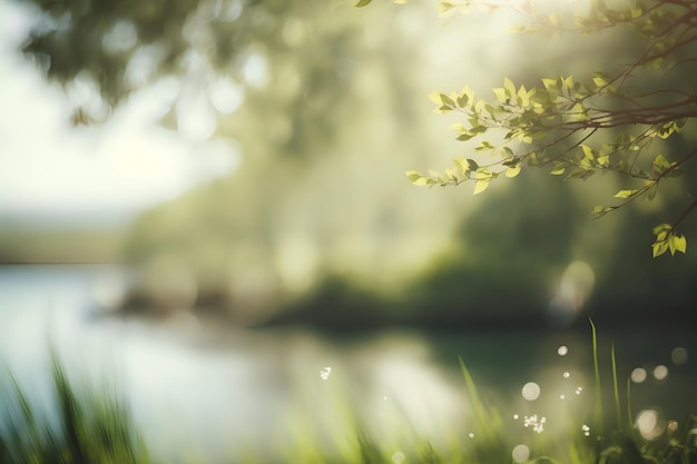 A nature landscape with soft bokeh and blurred background, green plants and water. Generative AI