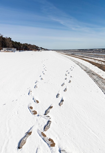 Nature of Latvia Footprints on a snowy beach in Jurmala Latvia