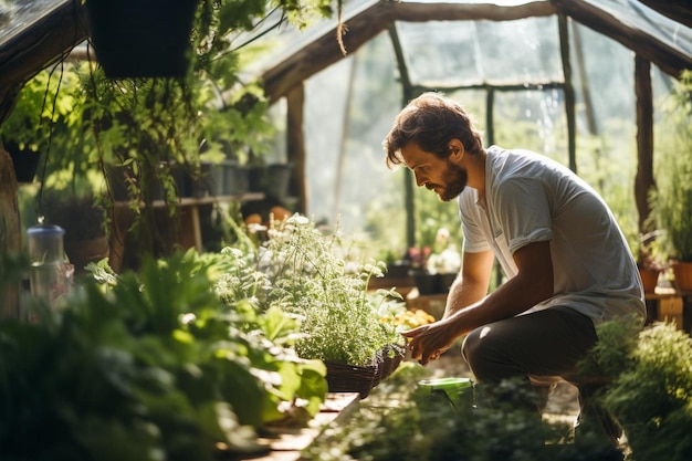 Nature lover working in a greenhouse