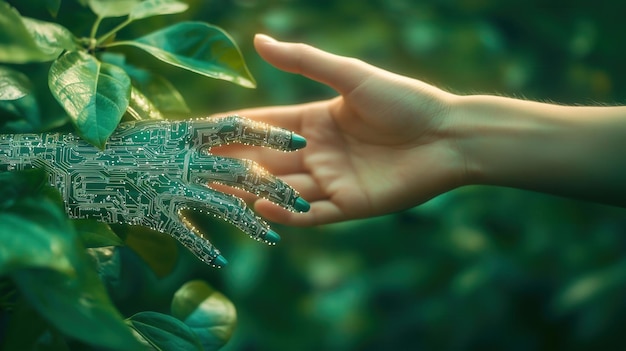 Photo nature meets technology hand reaching out to robotic circuit hand