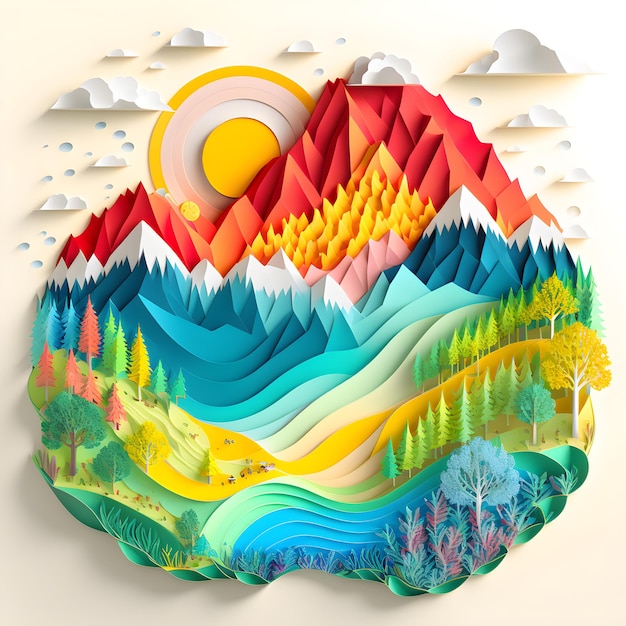 Nature Mountain Global Warming Papercut Generative AI Illustration Paper Origami