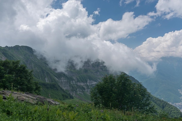 Nature mountain landscape picturesque view with cloudy sky