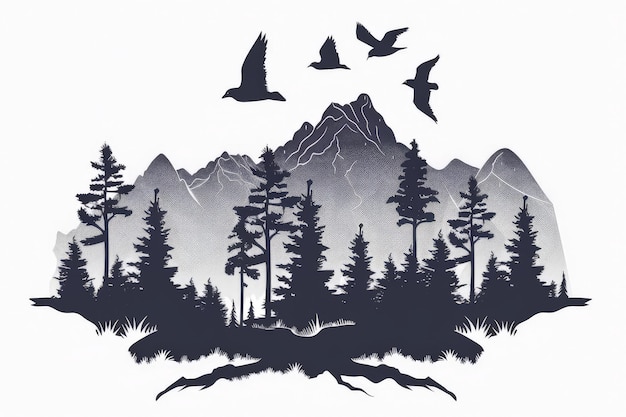 Photo nature mountain silhouette forest camping outdoor adventure emblems vector illustration on white background